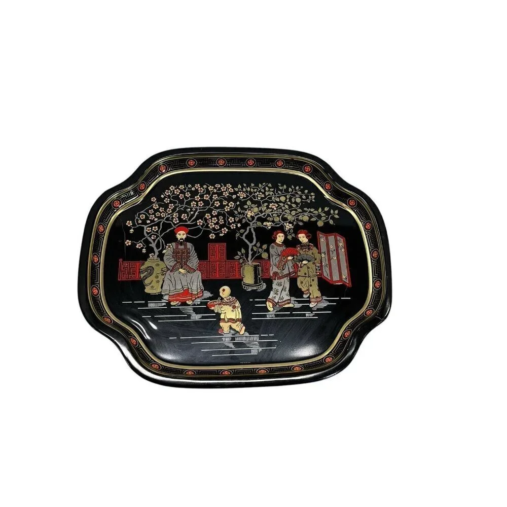 Vintage Asian Tin Serving Tray Made in England Chinese Emperor Throne Oriental